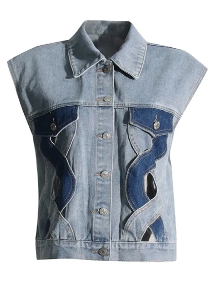 Summer Personalized Street Color Contrast Patchwork Vest Twist Hollow Out Cutout Workwear Denim Jacket