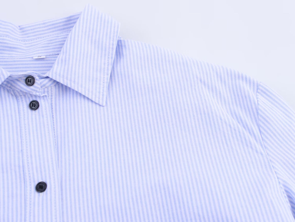 Women Clothing Autumn Simple Casual Striped Poplin Half Open Collar Shirt