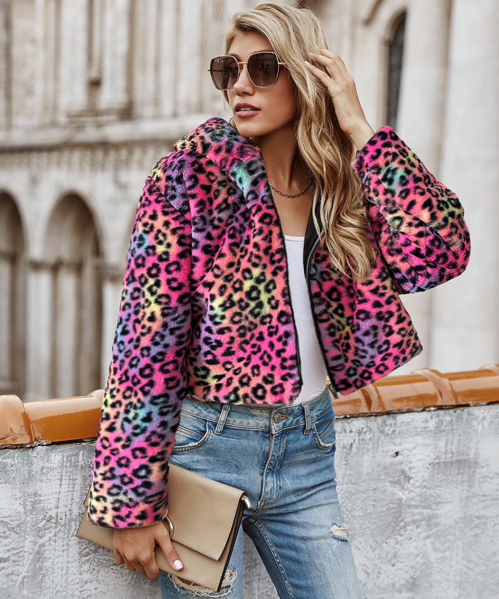 Casual Hooded Faux Fur Leopard Coat Plush Short Coat Fall Winter Jacket