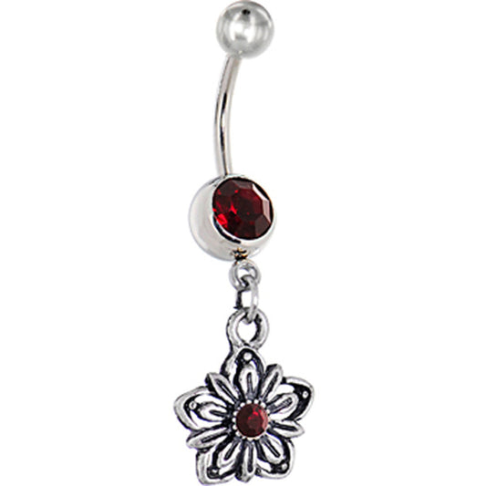 Gerber Daisy Flower Siam Red Gem Dangle Belly Ring