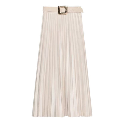 Women Clothing with Belt Suede Effect Pleated Midi Skirt
