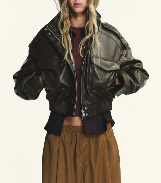 Women Clothing Casual Polo Collar Faux Leather Short Jacket