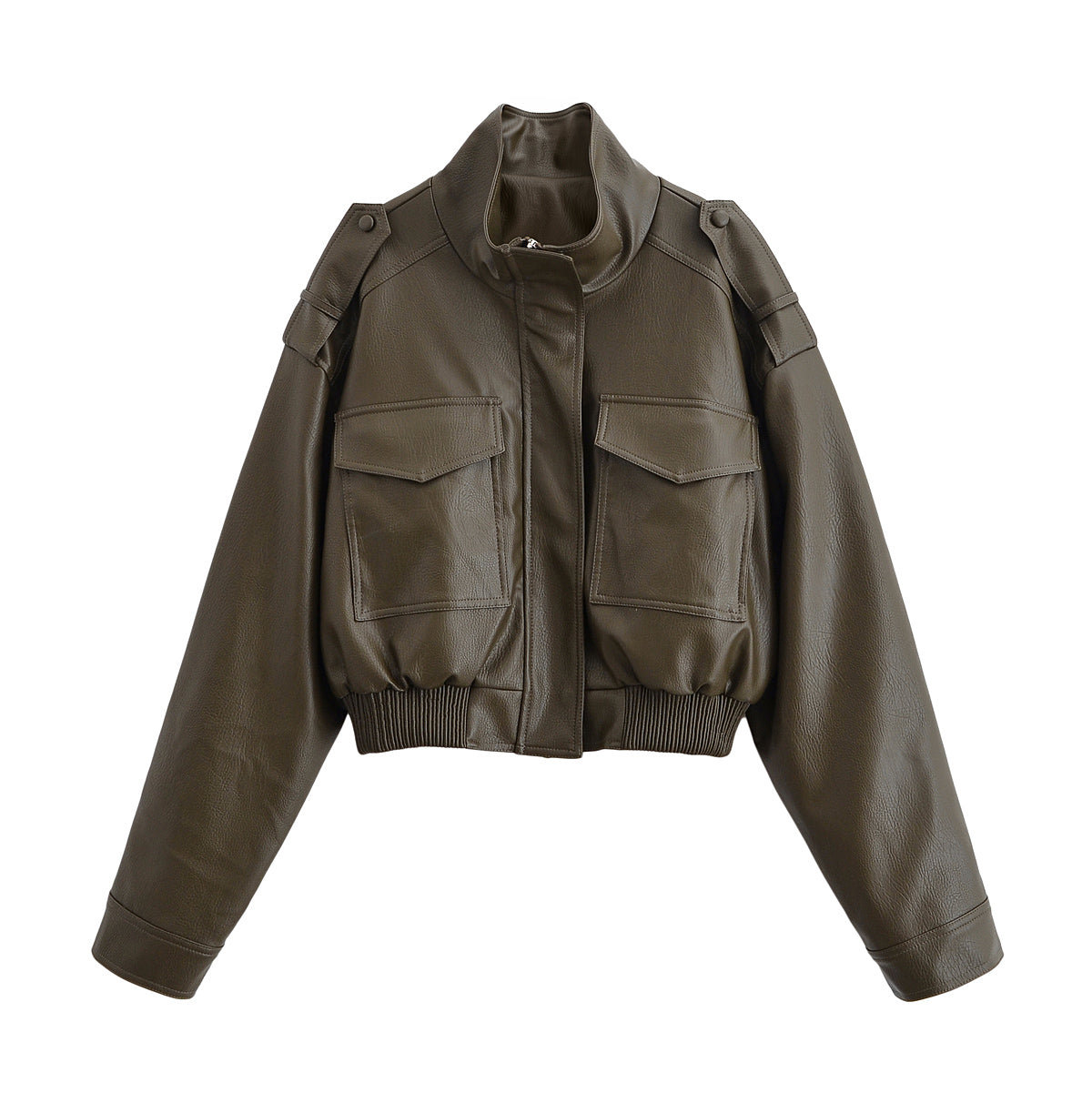 Women Clothing Casual Polo Collar Faux Leather Short Jacket