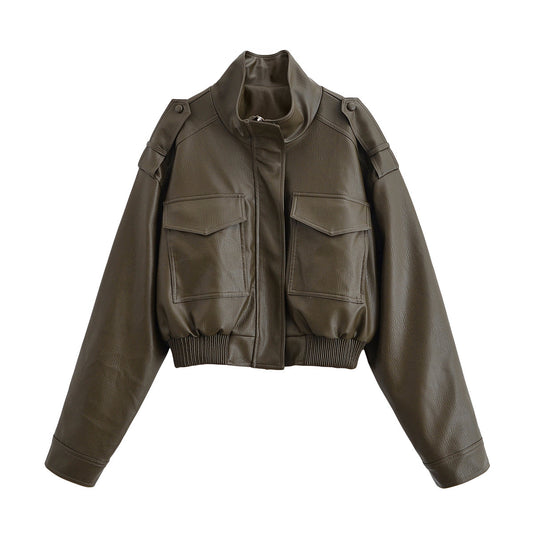 Women Clothing Casual Polo Collar Faux Leather Short Jacket