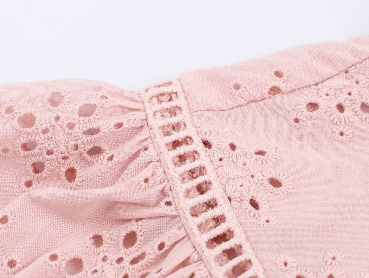 Women Clothing Casual Hollow Out Cutout Embroidered Shirt