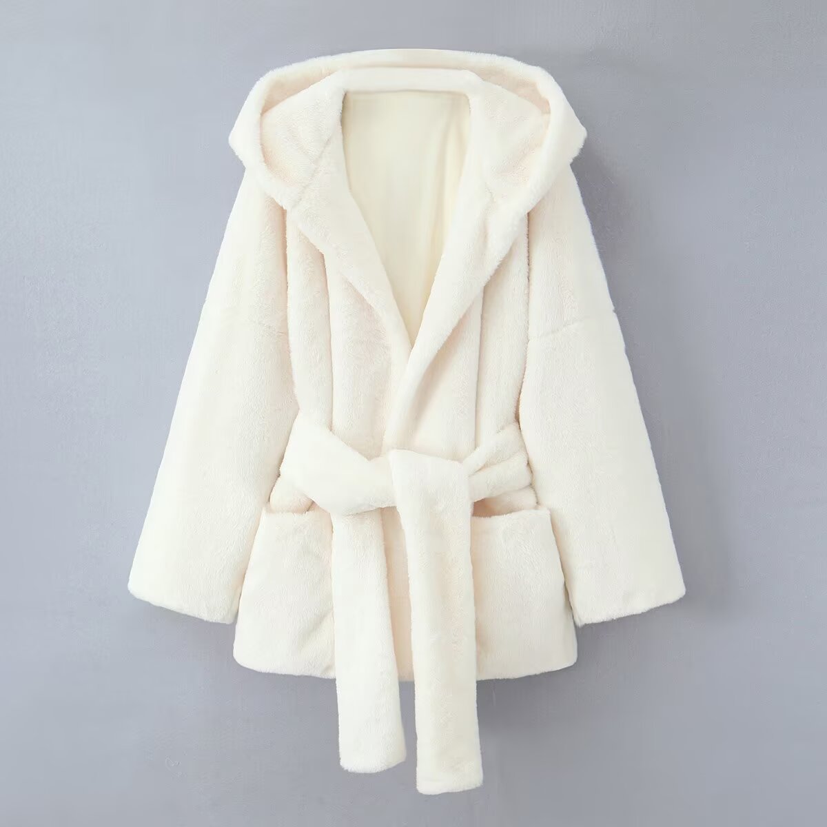 Women Clothing Autumn Winter Waist Trimming Lace up Hooded Long-Sleeved Woolen Coat