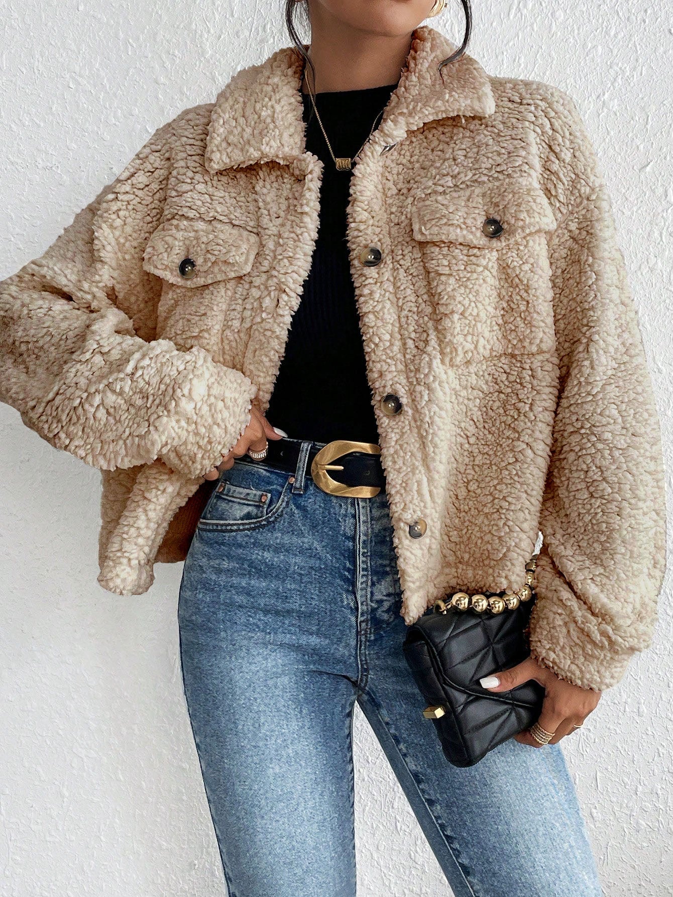 Women Clothing Fall Winter Collared Plush Jacket Short Women Casual Coat