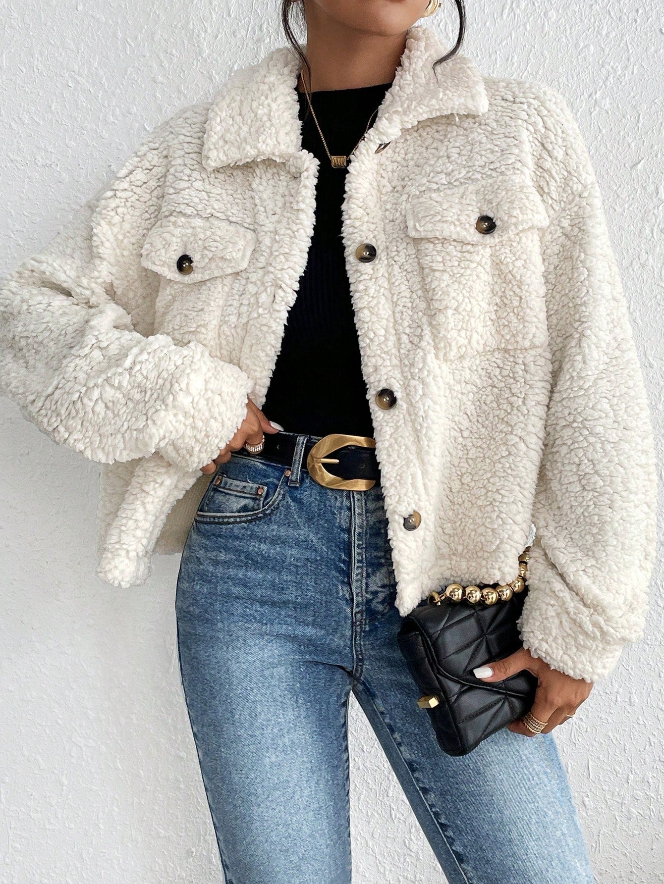 Women Clothing Fall Winter Collared Plush Jacket Short Women Casual Coat