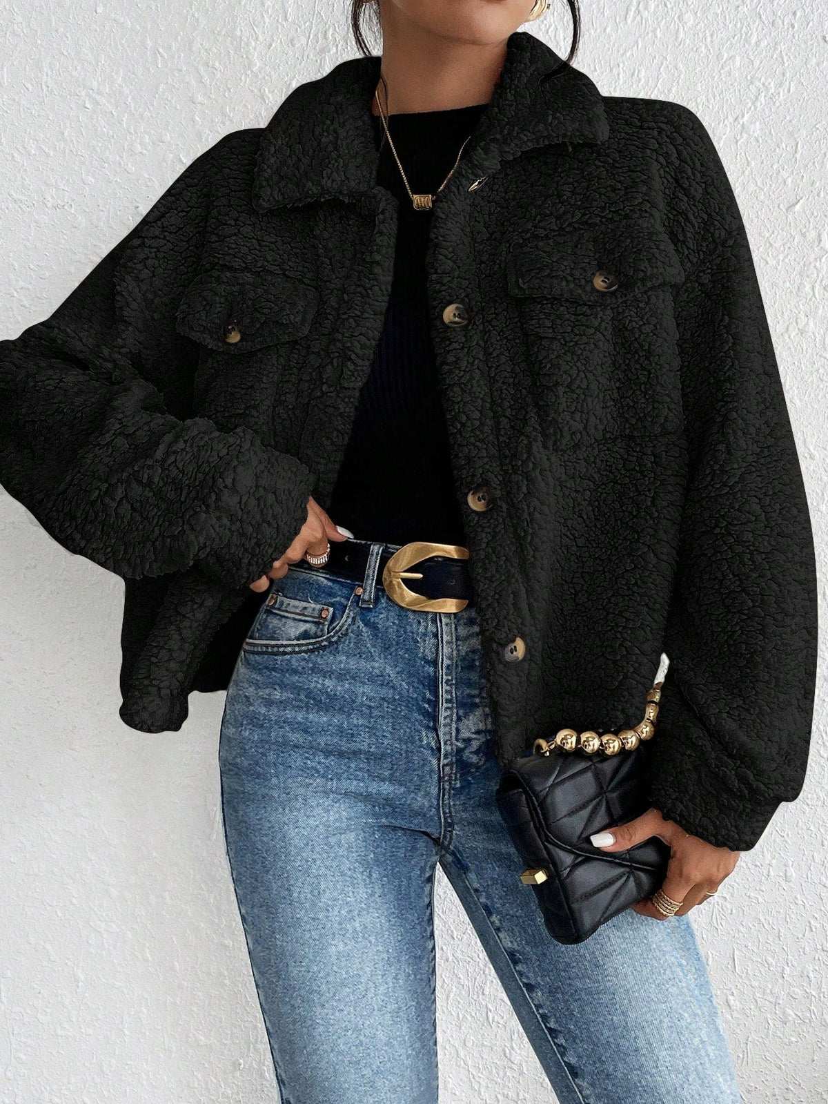 Women Clothing Fall Winter Collared Plush Jacket Short Women Casual Coat
