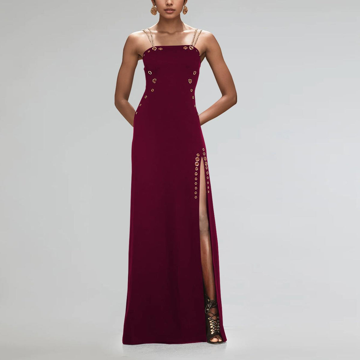 Women Wear Elegant Gold Necklace Sexy Sleeveless Split Dress