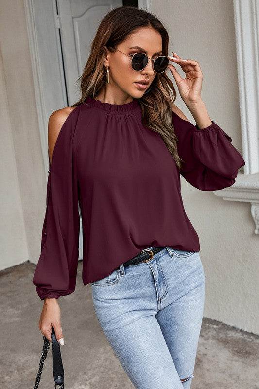 Open Shoulder Solid Loose Mock Neck Top