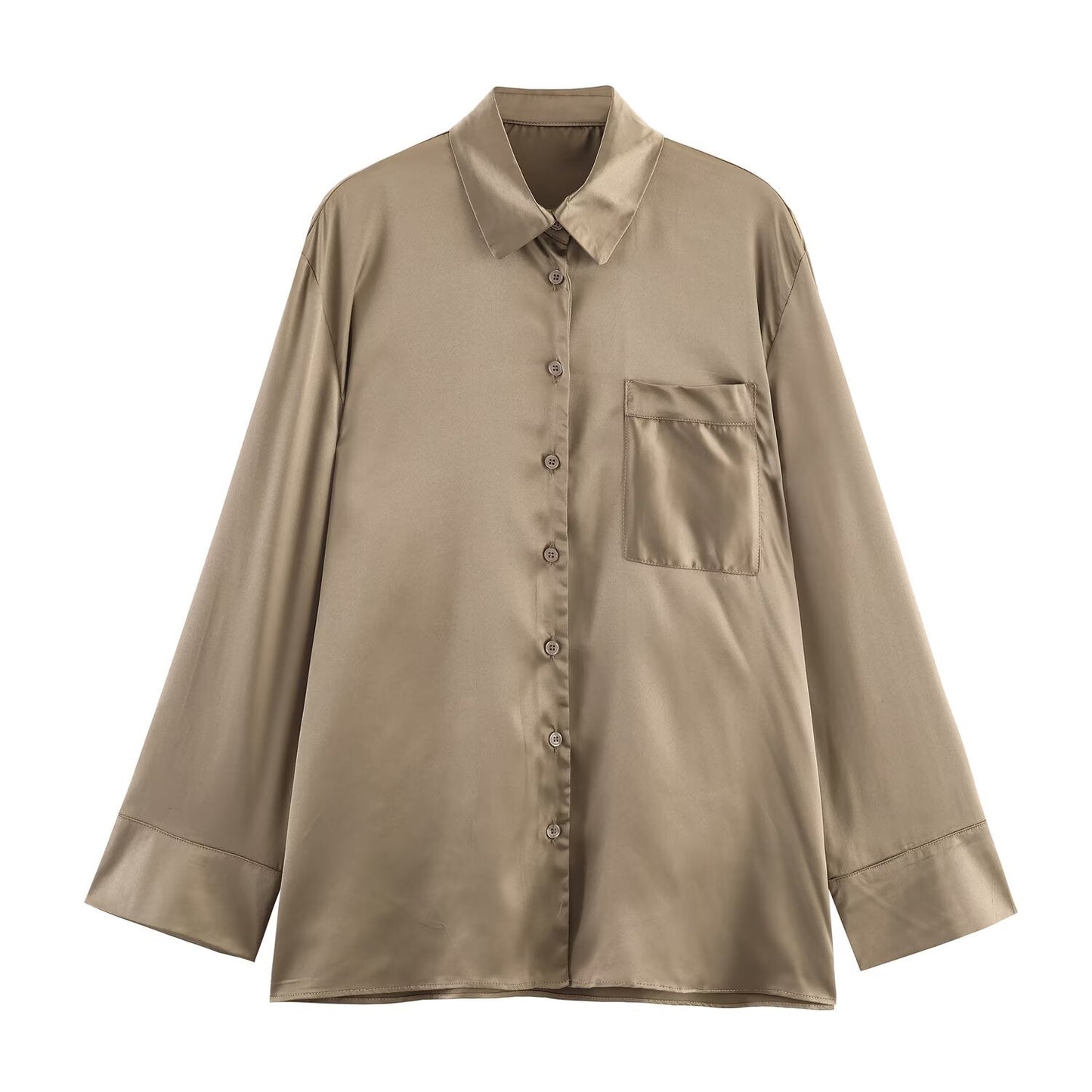 Women Clothing Autumn Simple Comfortable Office All Matching Chest Pocket Decoration Shirt