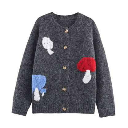 Mushroom Pattern Cute Button Cardigan Knitted Cardigan Loose Design Niche Sweater Outerwear