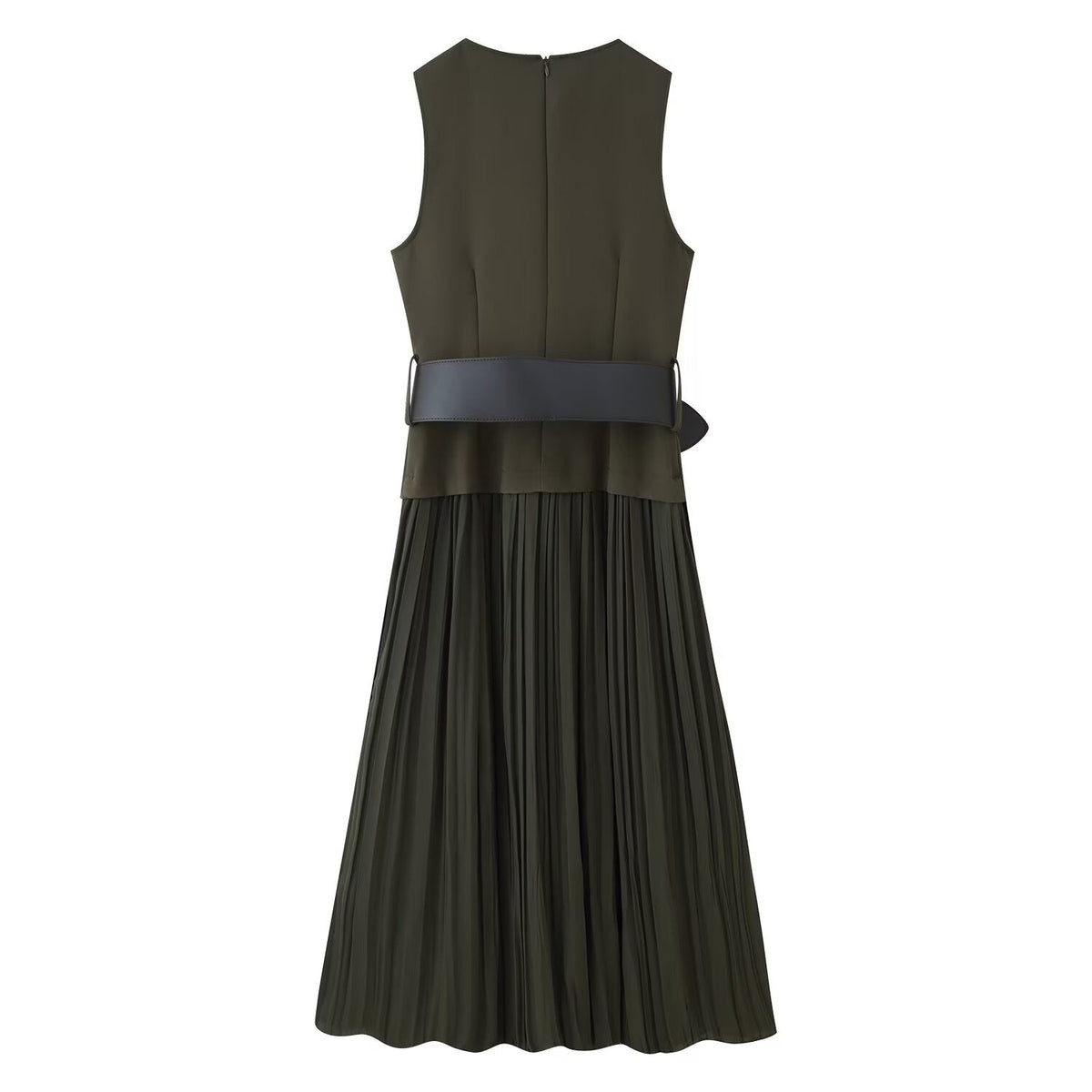 Women Clothing Autumn Lightly Mature with Belt Stitching Ruffle Midi Dress