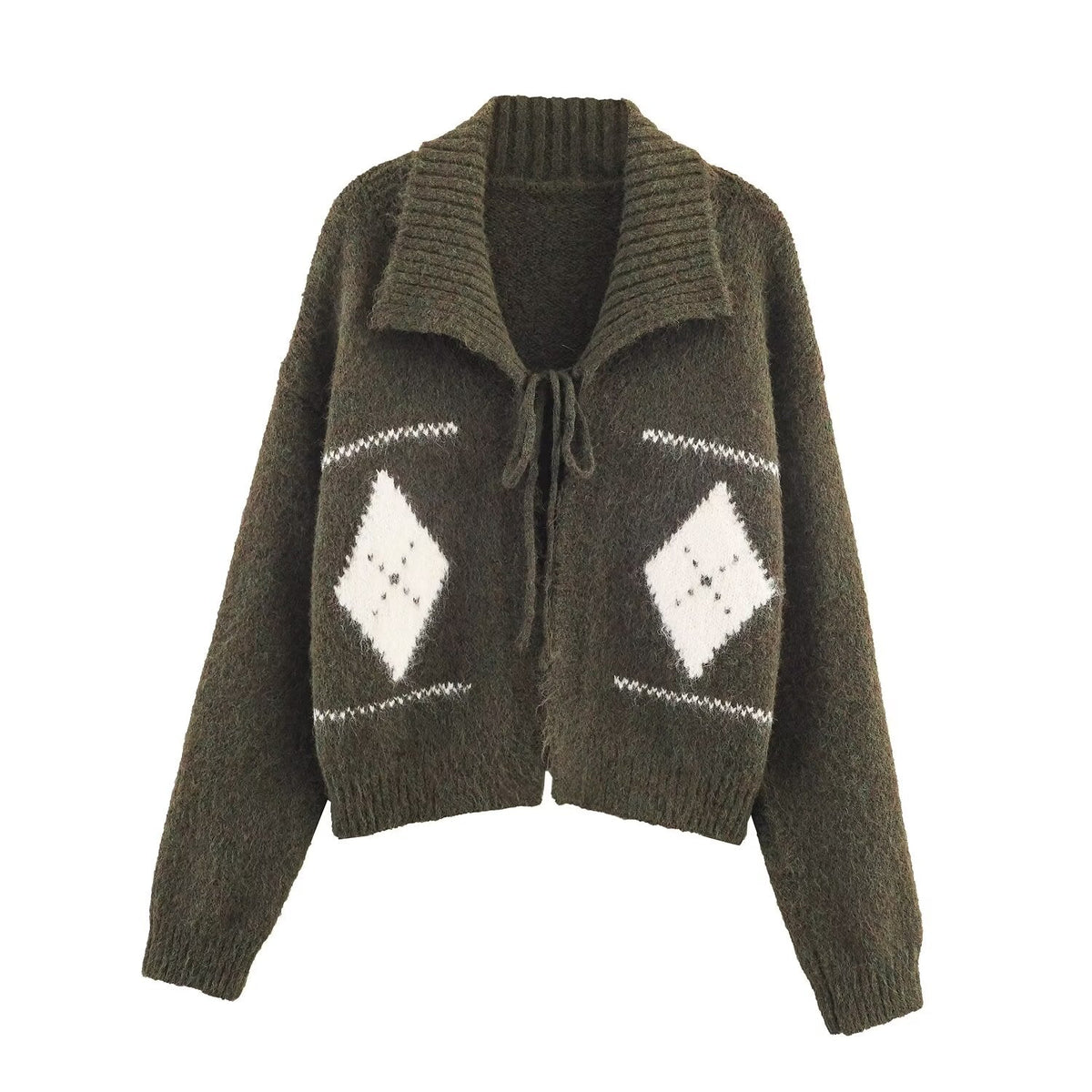 Idle Retro Lapels Jacquard Lace up Knitted Cardigan Autumn Loose Slimming Sweater Coat for Women