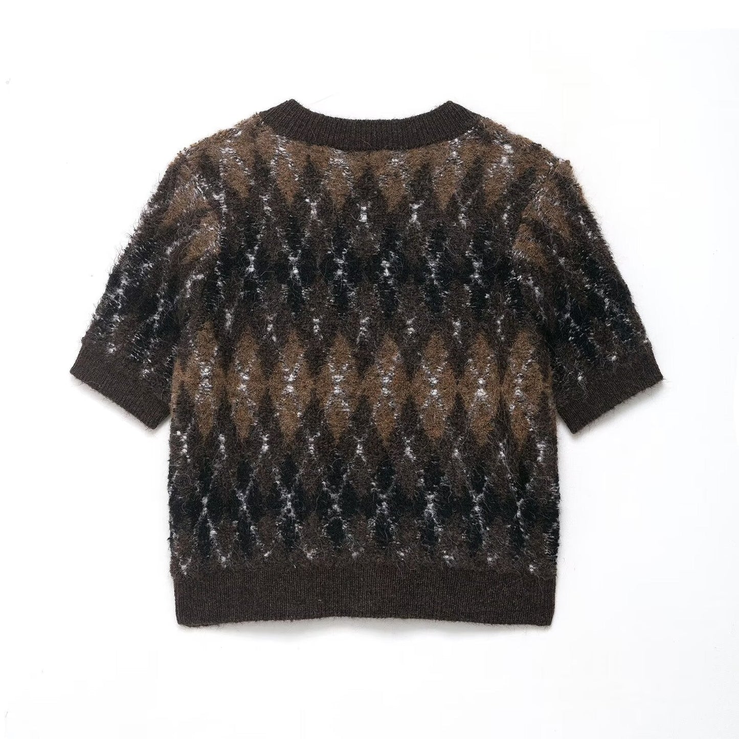 Women Clothing Autumn Beautiful Diamond Pattern Short Sleeve Knitted Coat