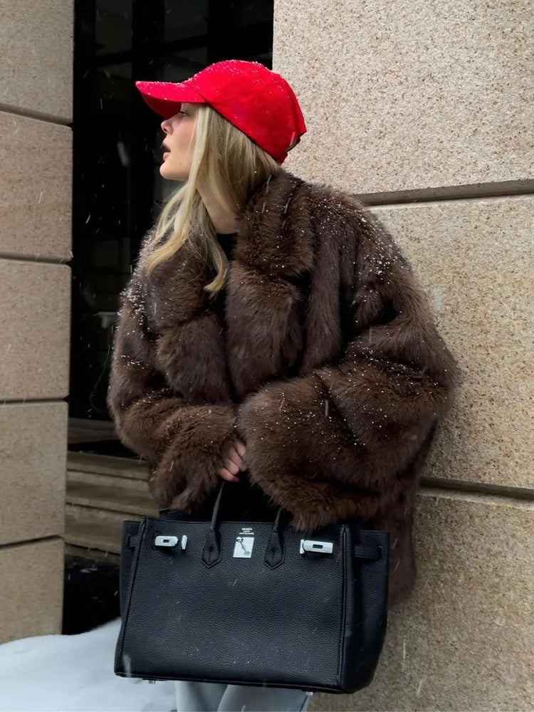 Faux Fur Coat Collared Fashionable Warm Women Clothing Autumn Winter Faux Fur Coat