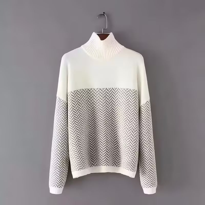 Fall Women Clothing Fashionable Simple Core Spun Yarn Wave Contrast Color Turtleneck Sweater