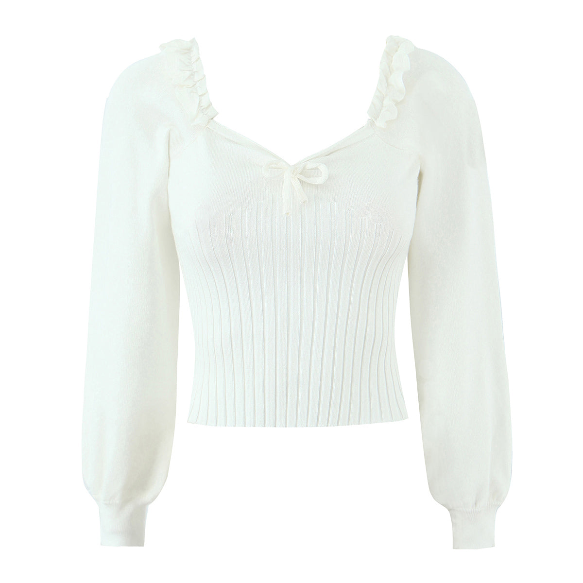 Winter French Vintage Court Ruffled Square Cut Collar Lace up Rib Sweater