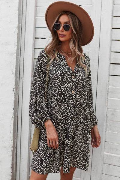 Dotted ruffled long sleeve tiered dress