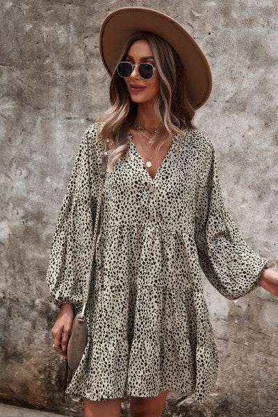 Dotted ruffled long sleeve tiered dress