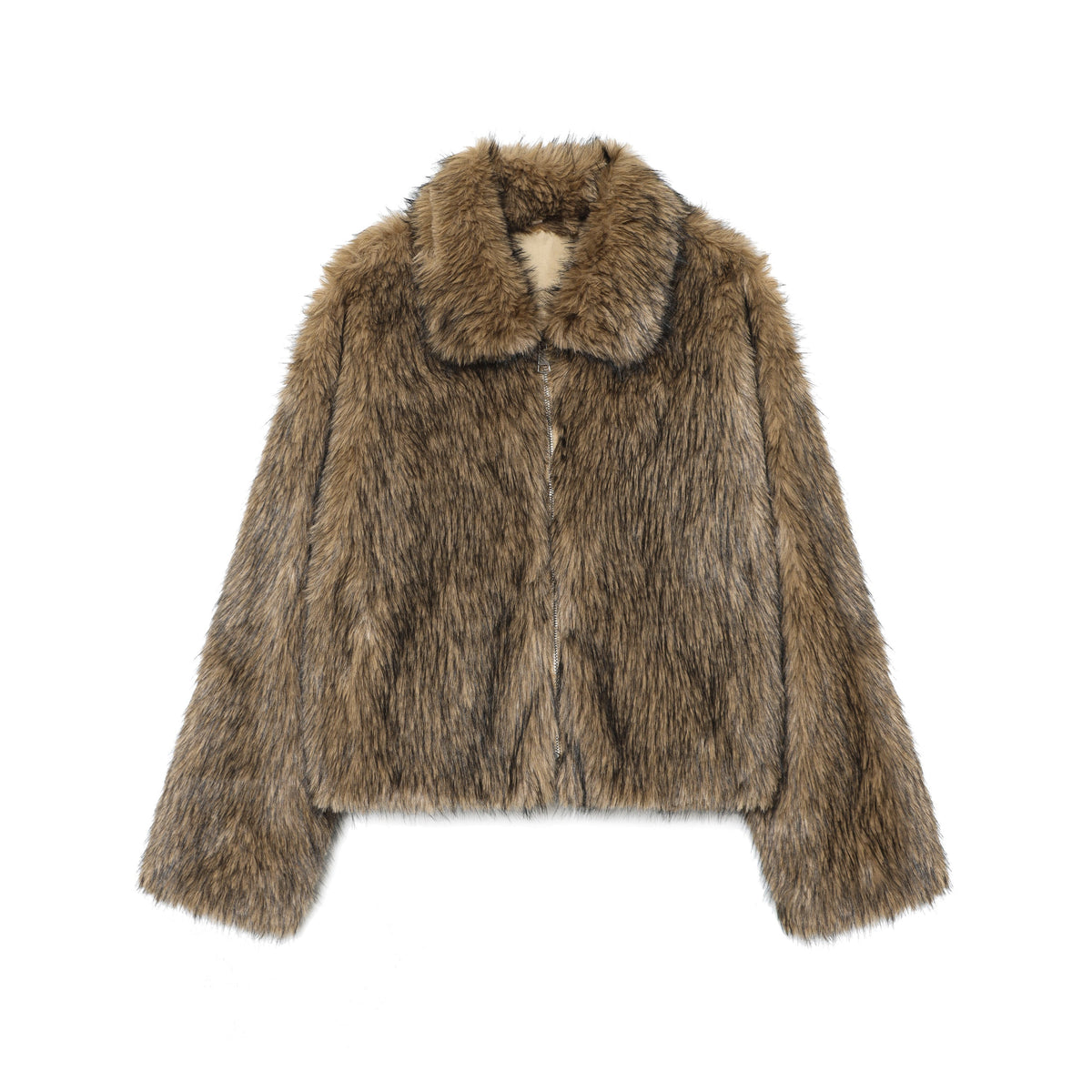 Women Stand Collar Long Sleeve Artificial Fur Effect Plush Jacket Short Coat