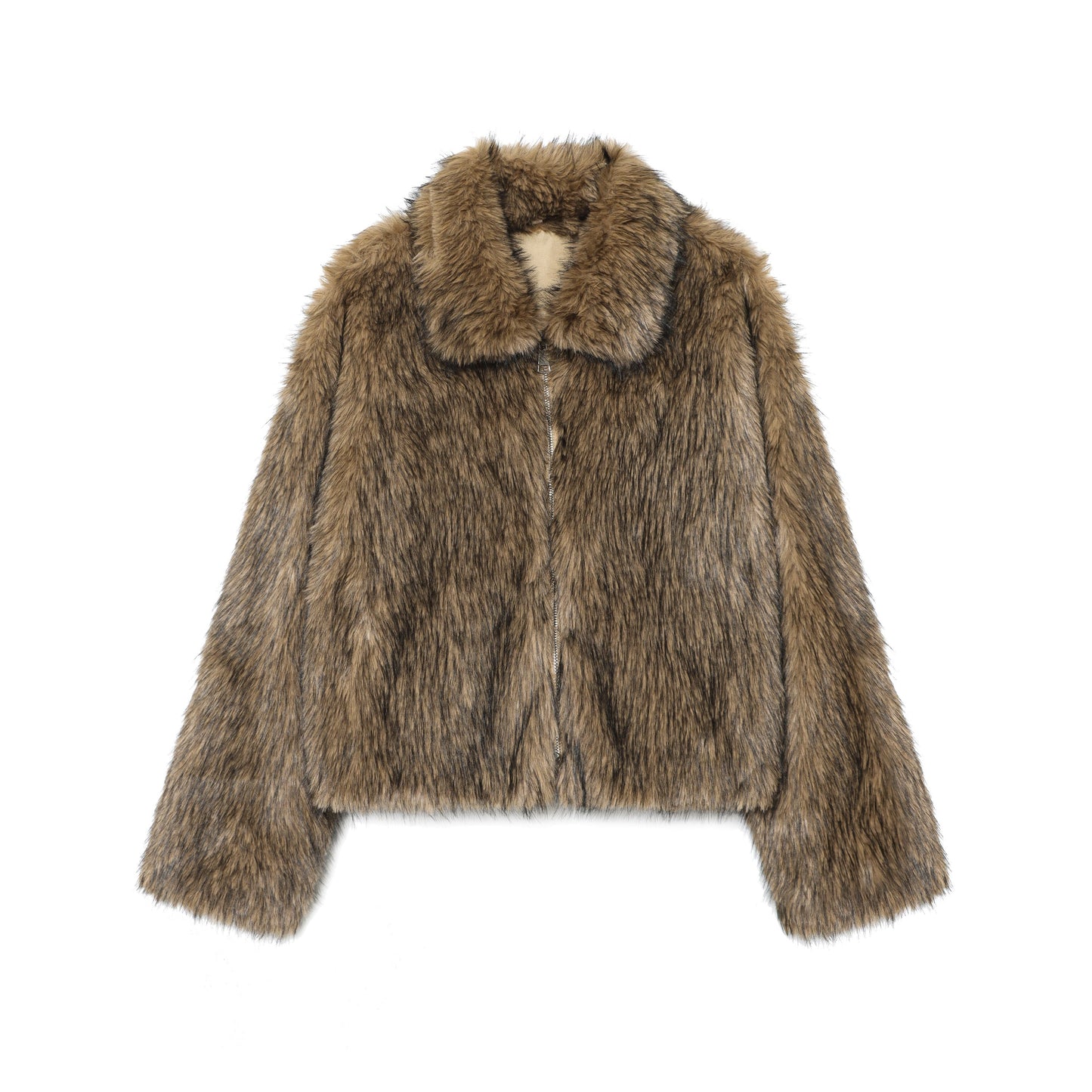 Women Stand Collar Long Sleeve Artificial Fur Effect Plush Jacket Short Coat