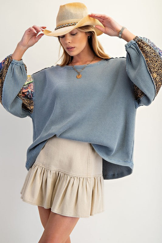 Autumn Women Clothing Waffle Print Stitching Sleeves Long Sleeve Sweatshirt Tops Women