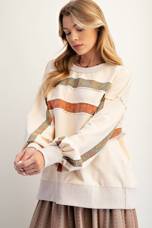 Autumn Women Clothing Printed Stitching Crew Neck Pullover Sweatshirt Casual Top Women