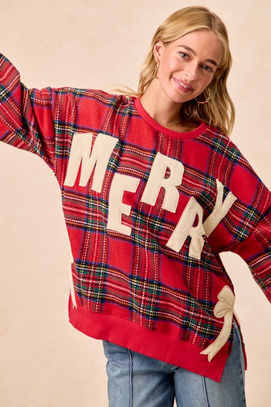Autumn Winter Women Clothing Christmas Bow Embroidered Side Slit Pullover Sweater Women