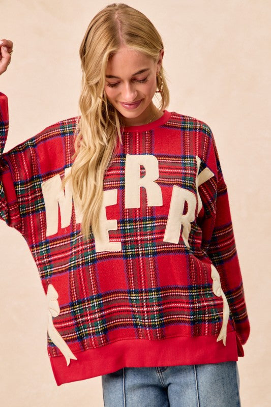 Autumn Winter Women Clothing Christmas Bow Embroidered Side Slit Pullover Sweater Women
