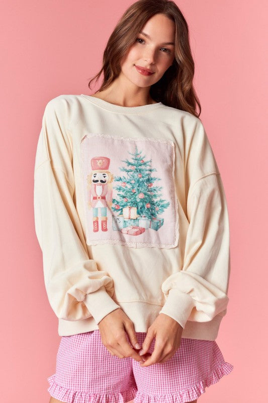 Winter Women Clothing Christmas Embroidery round Neck Long Sleeve Top Loose Fitting Casual Pullover