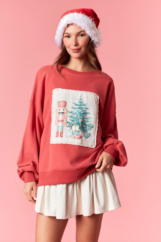 Winter Women Clothing Christmas Embroidery round Neck Long Sleeve Top Loose Fitting Casual Pullover