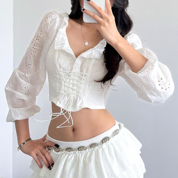 Women Clothing Autumn Sexy Crochet Stringy Selvedge Lace up Cropped Long Sleeve T shirt Top Women