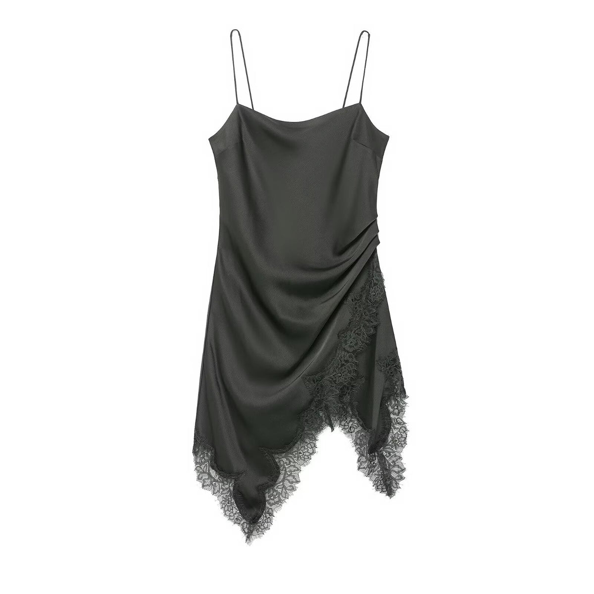Elegant Boat Neck Irregular Asymmetric Spaghetti Strap Lace Stitching Dress Women