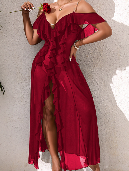 Sexy off the Shoulder Ruffled High Slit Maxi Dress Multi Color Sheer Mesh Women Sleeping Dress