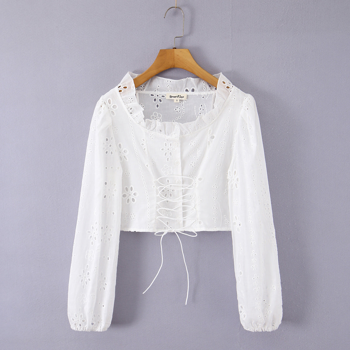 Deep V Plunge neck Hollow Out Cutout Embroidered Bishop Sleeves Top Women Design Lace up Waist Controlled Sexy Shirt