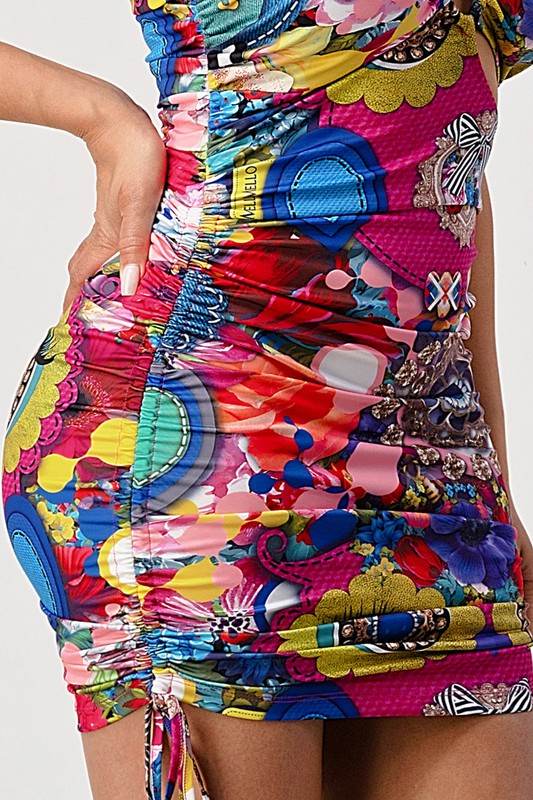 PRINTED ONE SHOULDER MINI DRESS