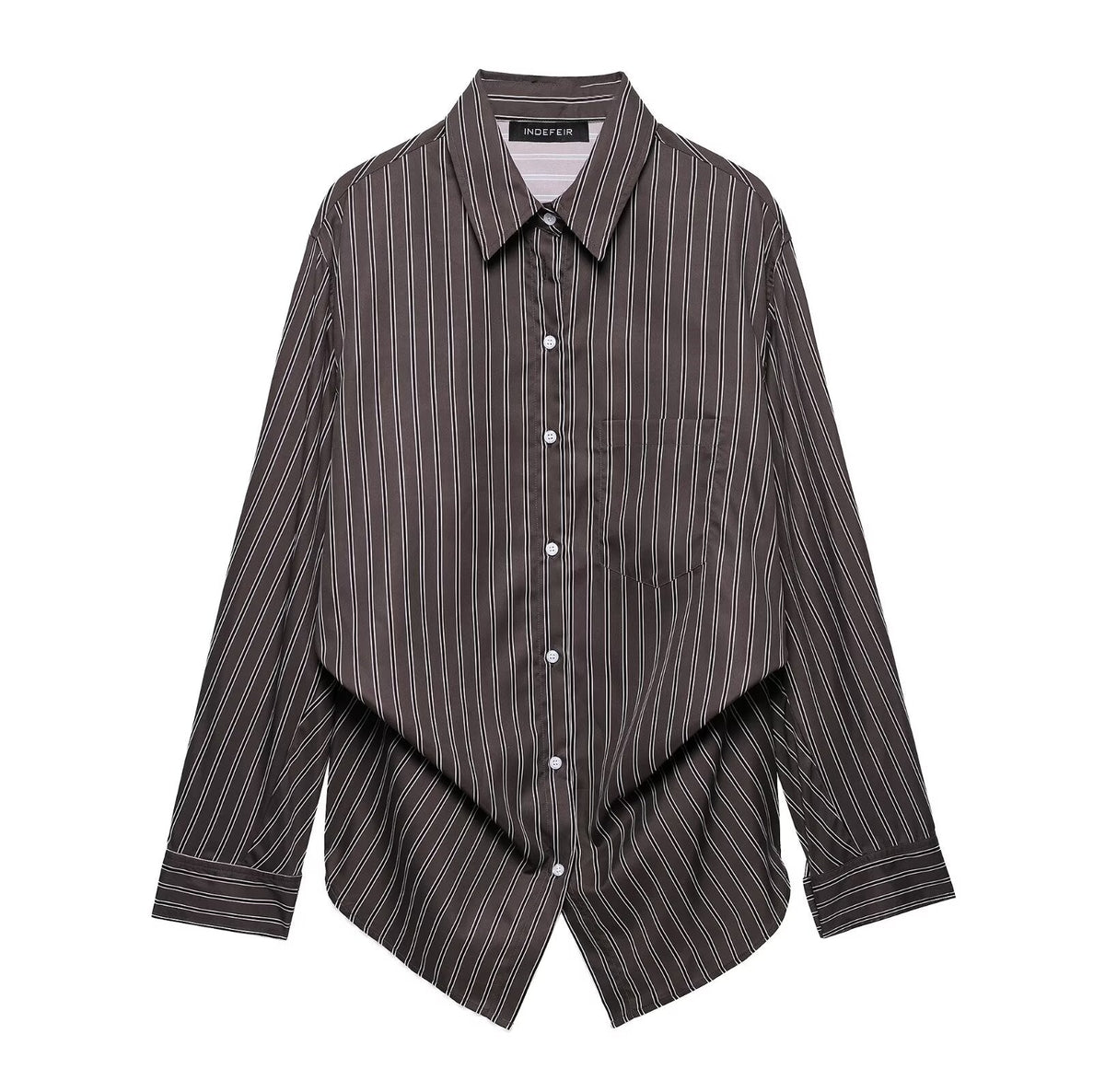 Women Clothing Patchwork Striped Poplin Loose Collared Long Sleeves Shirt