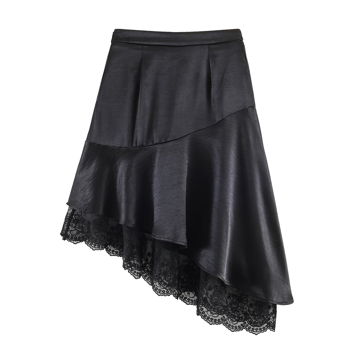 Fashionable Satin Lace Irregular Asymmetric Elegant Stitching Hem Skirt
