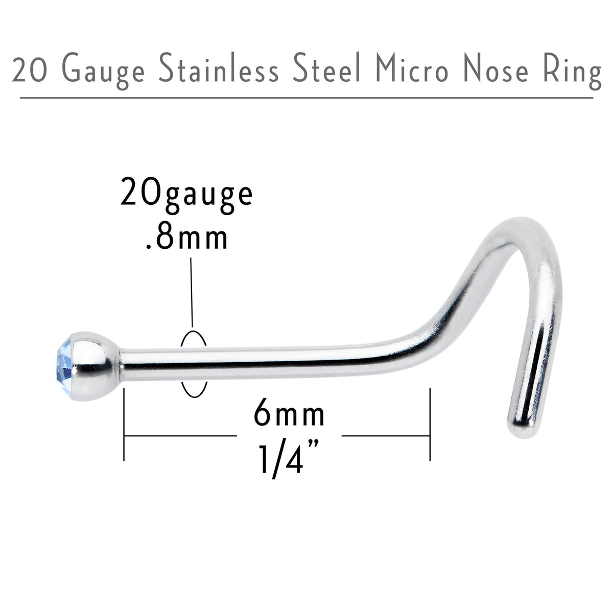 20G Stainless Steel Light Blue Gem Micro Nose Ring Twister