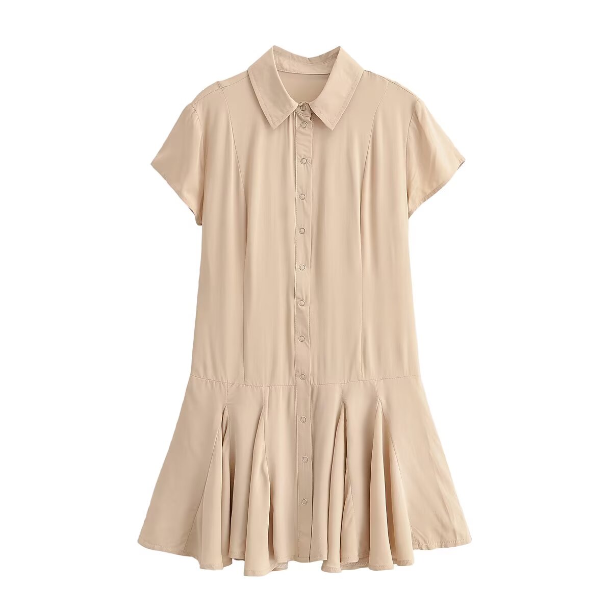 Women Clothing Summer Retro All Match Waist Shirt Pleated Short Office Dress