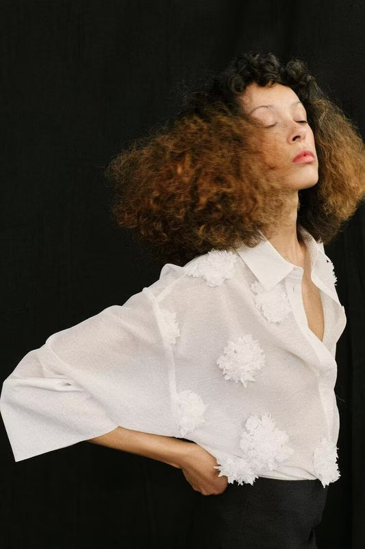 Women Clothing Summer Polo Collar Embossed Floral Vertical Shirt