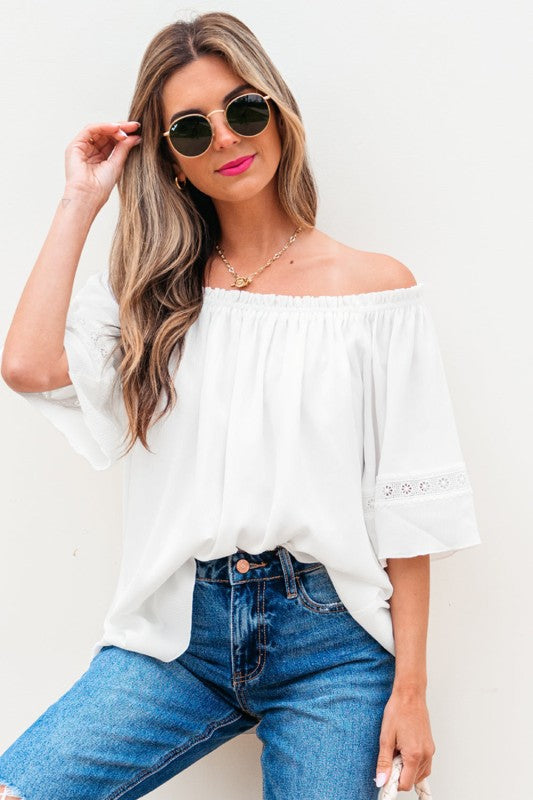 Bellamy Frilly Off Shoulder Lace Insert Sleeve Tex