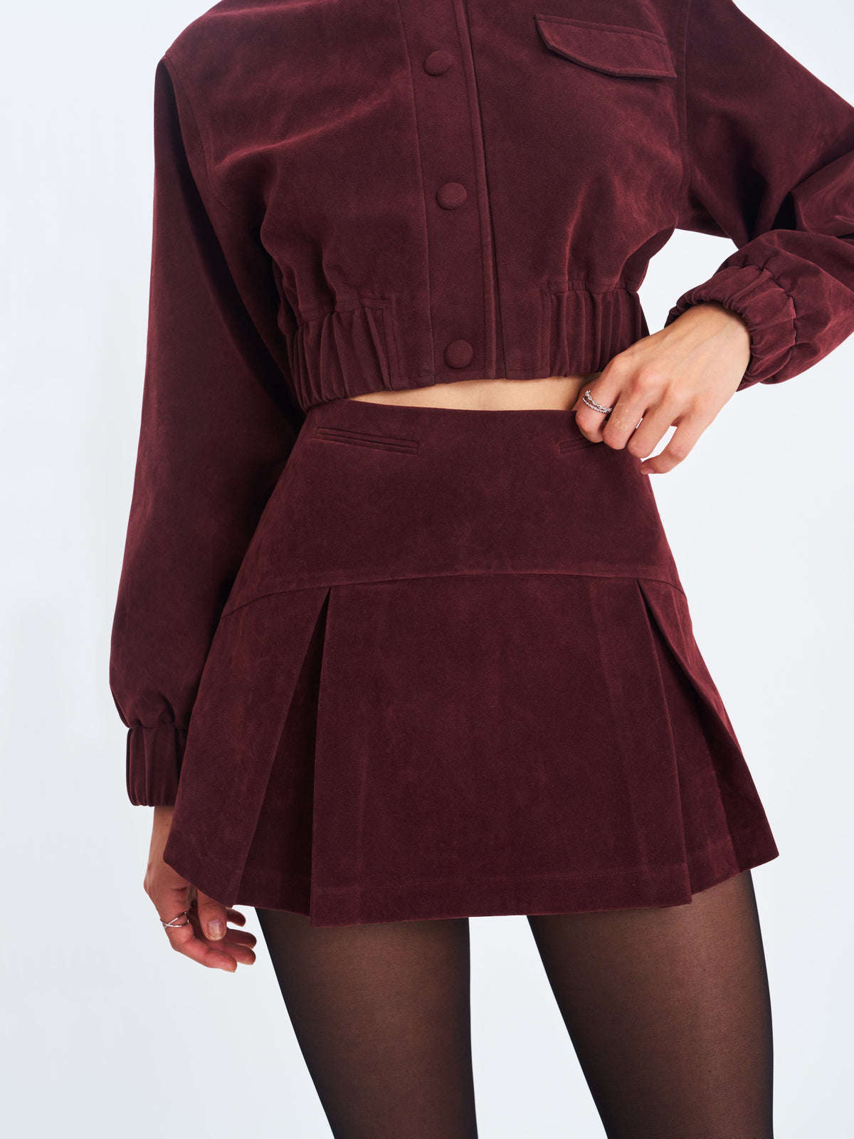 Faryn Mahogany Vegan Suede Pleated A-Line Mini Skirt