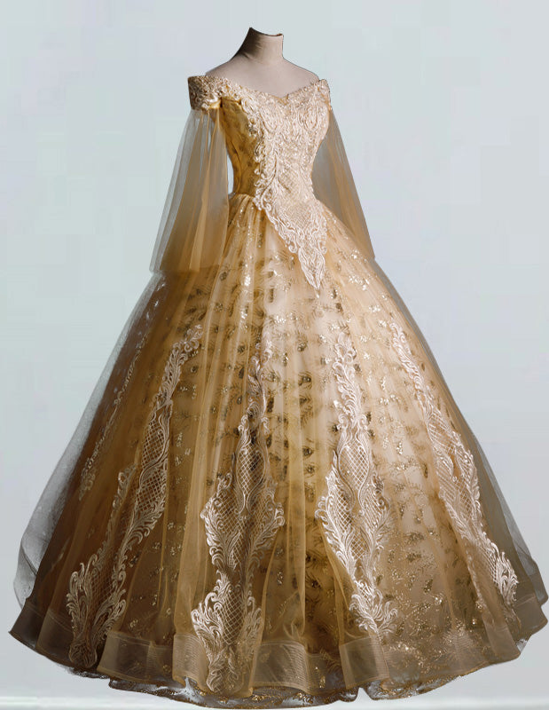 Gold sparkle long ball gown,Lace applique Bridal wedding gown