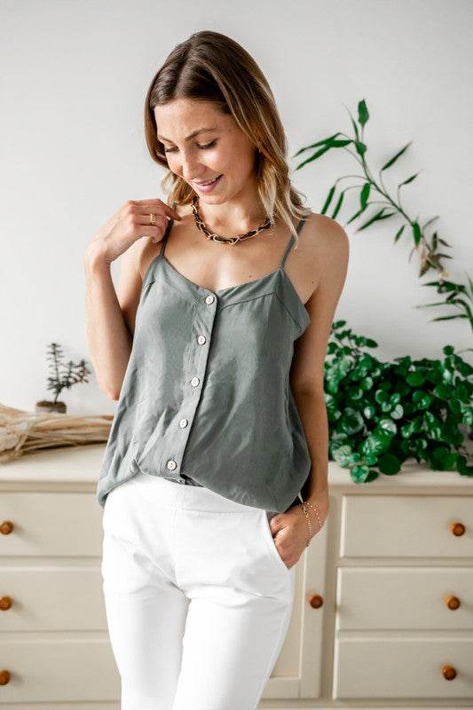Green Peony Button-Up Tank