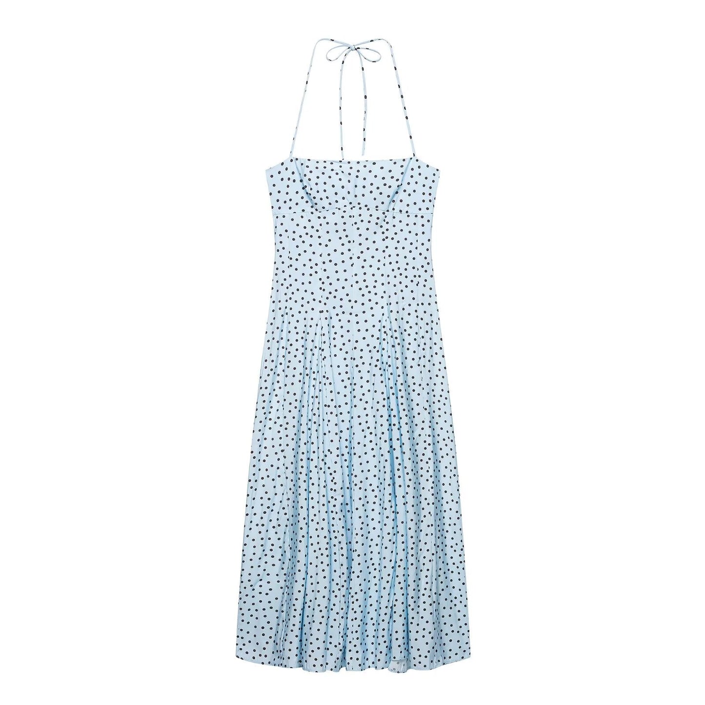 Women Clothing Summer Polka Dot Hanging Collar Fluffy Midi Dress