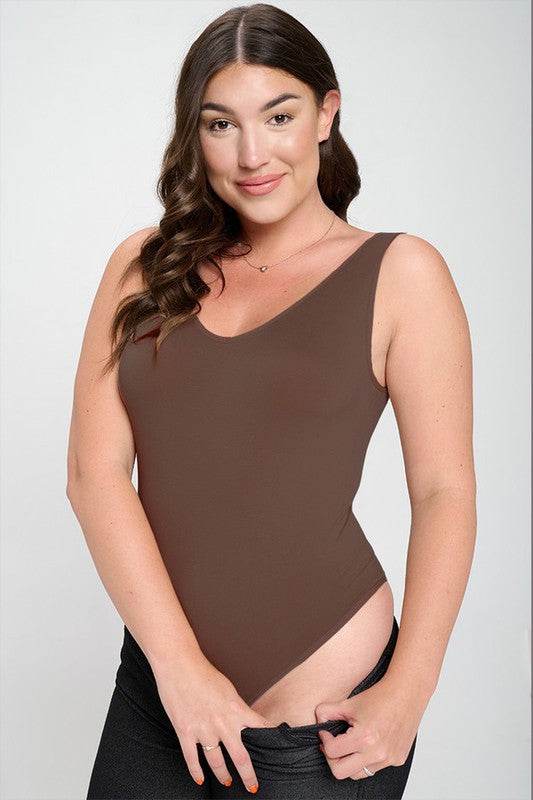 Reversible V-Neck Basic Tank Top Thong Bodysuit