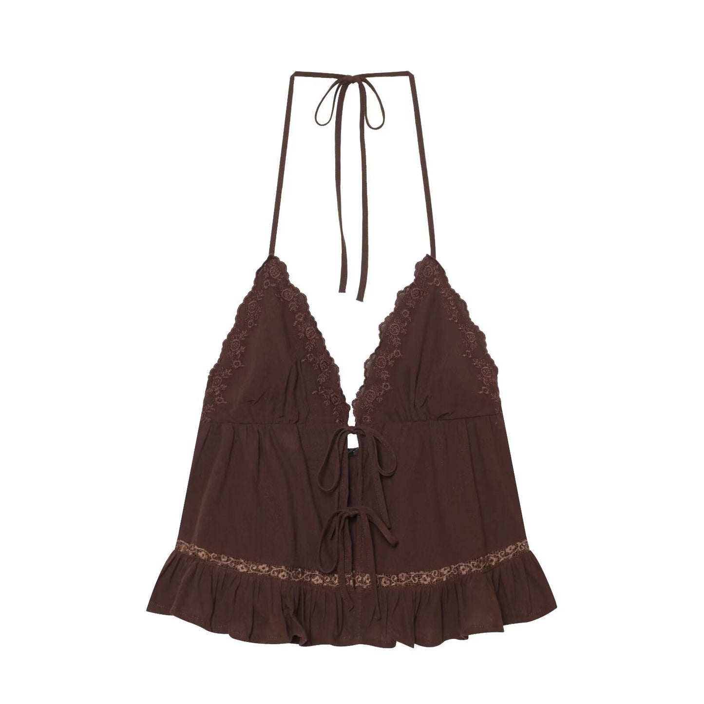 Women Clothing Summer Sexy Tulle Embroidered Hanging Collar Sling Top